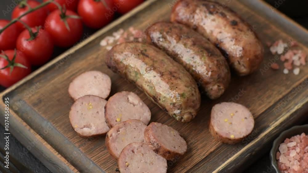 Juicy sausages with salt, spices and herbs grilled on a dark concrete background Juicy sausages with salt, spices and herbs grilled on a dark concrete background