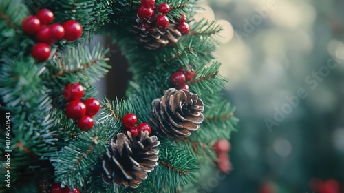 A decorative wreath made of pine cones and red berries, perfect for seasonal or rustic-themed designs