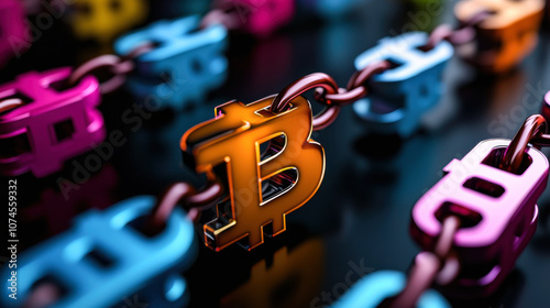 Colorful 3D visualization of blockchain technology featuring Bitcoin symbols linked together, showcasing innovation and digital currency