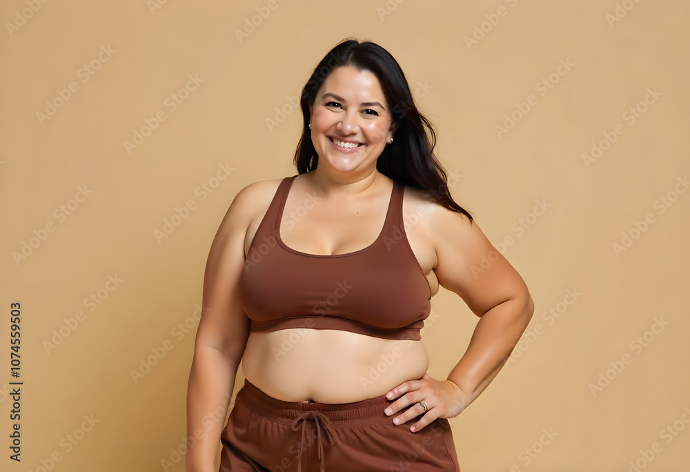 Obraz premium Beautiful overweight female model wearing fitness brown outfit, bra and leggings with her hands next to her body against a beige studio background