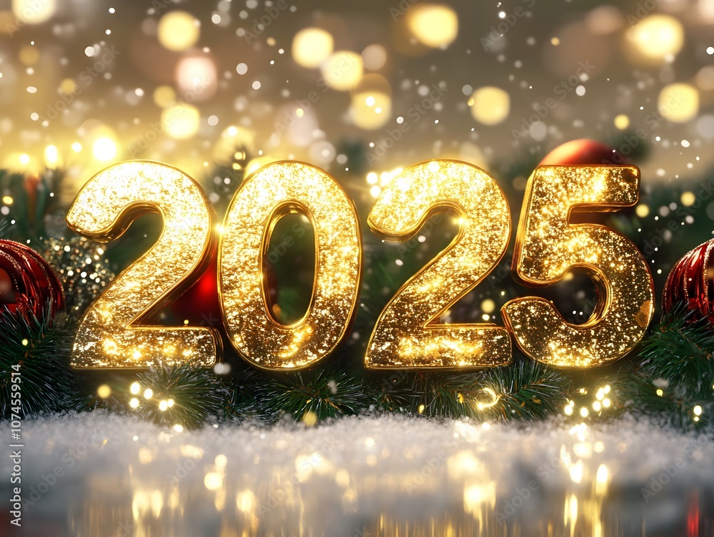 Festive New Year 2025 Celebration with Golden Christmas Decorations, Shimmering Baubles, and Evergreen Branches on Textured Blue Background for Holiday Cheer Festive New Year 2025 Celebration with Golden Christmas Decorations, Shimmering Baubles, and Evergreen Branches on Textured Blue Background for Holiday Cheer