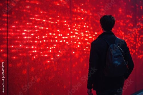 A person standing in front of a bright red wall, with no additional context