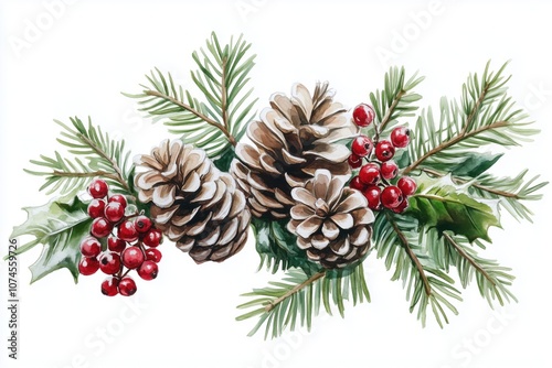 Pinecones, holly, red berries, evergreen branches, winter decoration