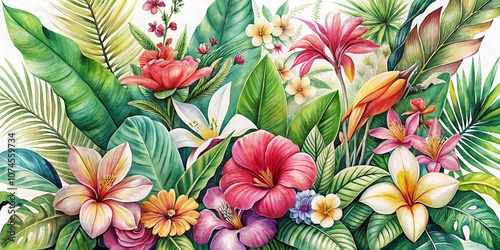 Wallpaper Mural Tropical Floral Watercolor Art - Vibrant and Colorful Botanical Illustrations for Home Décor, Stationery, and Gifts Featuring Exotic Flowers and Lush Greenery Torontodigital.ca