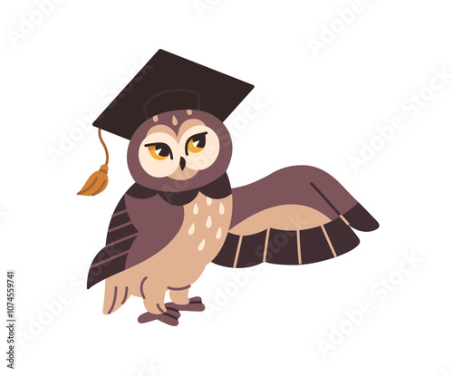 Cute eagle owl in graduate cap pointing to smth with wing. Wise bird shows route, way with hand gesture. Academic animal finished school, college. Flat isolated vector illustration on white background