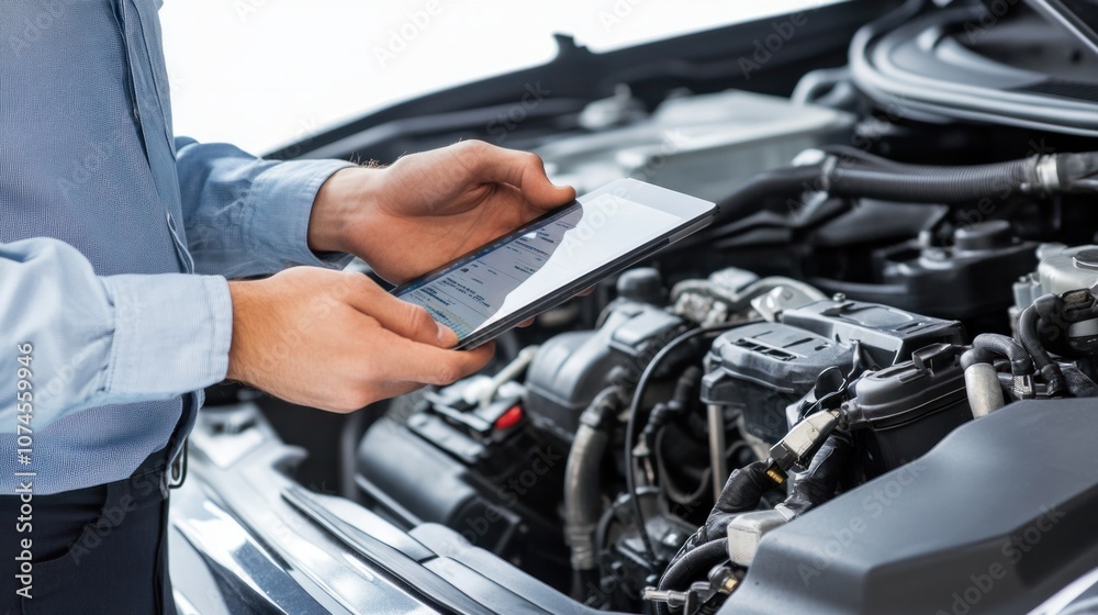 Mechanic reviewing vehicle data on tablet, isolated on white background, perfect for digital repair themes Mechanic reviewing vehicle data on tablet, isolated on white background, perfect for digital repair themes
