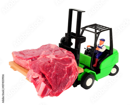 Toy forklift truck carrying a real fresh raw rib eye steak isolated on a white background