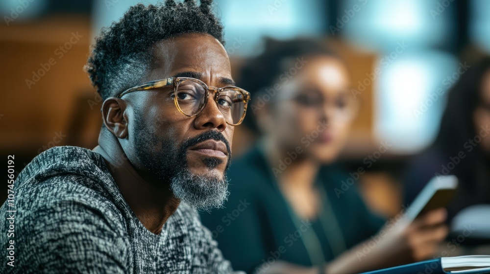 A man sporting glasses and a thoughtful expression looks sideways, seated indoors among blurred individuals, creating an atmosphere of contemplation and focus. A man sporting glasses and a thoughtful expression looks sideways, seated indoors among blurred individuals, creating an atmosphere of contemplation and focus.