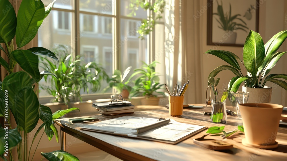 Fototapeta premium Personalized plant care plan for indoor plants, checklist and tools on a table, cozy home scene,
