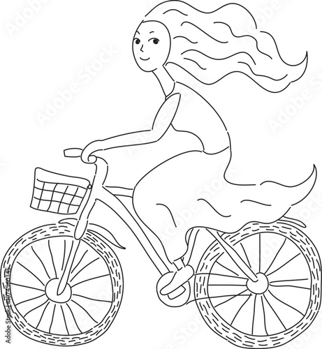 girl with long hair and dress riding a bicycle with a basket drawn with black pen on white background