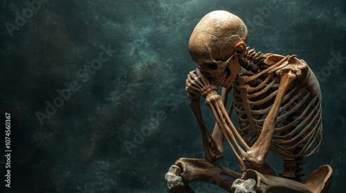 A skeleton is seated thoughtfully in a dimly lit environment, reflecting on the mysteries of existence, embodying human emotions through an artistic lens.