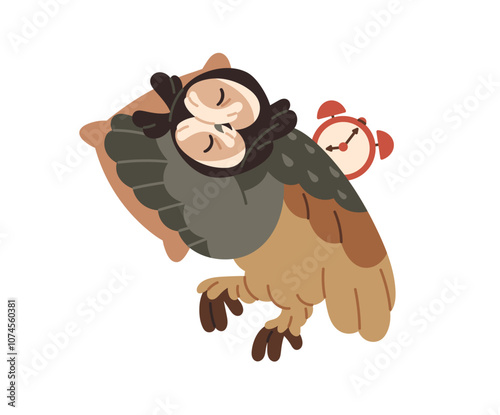 Cute asleep eagle owl lying on pillow. Tired night bird sleeps at day. Feathered animal with alarm clock naps, has a rest, relaxes at bedtime. Flat isolated vector illustration on white background