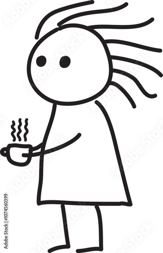 funny girl in dress with disheveled hair holding cup of coffee drawn with black pen on white background