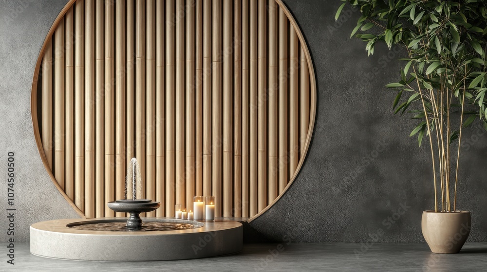 A serene interior featuring a circular bamboo accent wall, a small fountain, candles, and a potted plant, creating a calming and modern ambiance. A serene interior featuring a circular bamboo accent wall, a small fountain, candles, and a potted plant, creating a calming and modern ambiance.