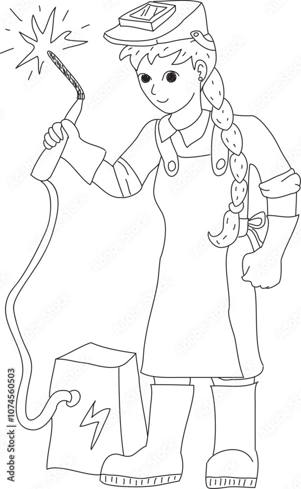 girl welder in welding mask in special work clothes holds welding machine drawn with black pen on white background girl welder in welding mask in special work clothes holds welding machine drawn with black pen on white background