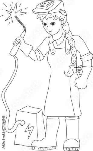 girl welder in welding mask in special work clothes holds welding machine drawn with black pen on white background