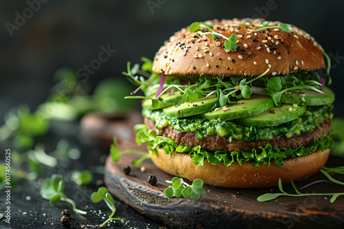 delicious green vegan burger with microgreens and mashed avocado on wooden boar on white background