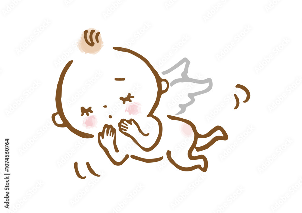 Obraz premium 悲しい表情で飛ぶカワイイ天使の手描きイラスト