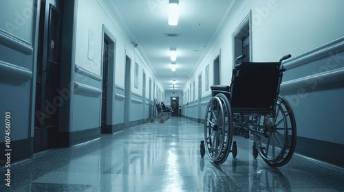 Clean hospital corridor with wheelchairs and stretcher