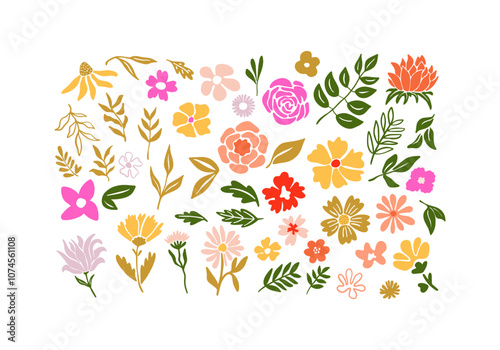 Vibrant Floral Collection Featuring a Variety of Hand-Drawn Flowers, Leaves, and Natural Elements, Perfect for Creative Projects Such as Invitations, Scrapbooking, and Digital Artwork