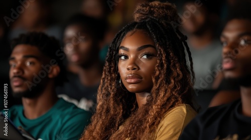 A young woman paying attention in a lecture hall, among peers, representing curiosity and eagerness to learn within an academic setting.