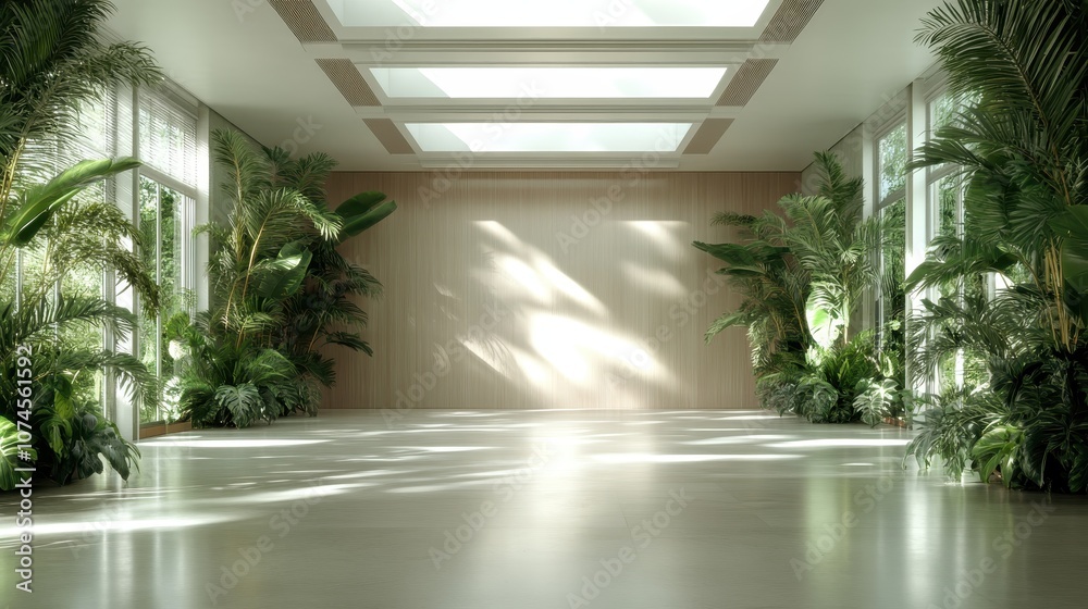 A calm and serene indoor space adorned with lush tropical plants basking in sunlight, creating a tranquil and refreshing environment with a harmonious atmosphere. A calm and serene indoor space adorned with lush tropical plants basking in sunlight, creating a tranquil and refreshing environment with a harmonious atmosphere.