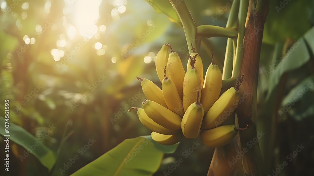 Obraz premium Golden Bananas Bask in the Warm Glow of a Tropical Sunset