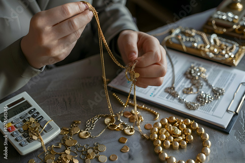 Cropped view of jewelry appraiser holding jewelry ring near board on table isolated on grey,