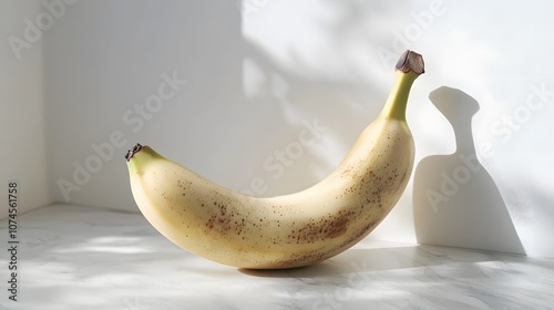 A Perfectly Ripe Banana with Sun-Kissed Skin, Its Shadow Dancing on a White Marble Countertop photo