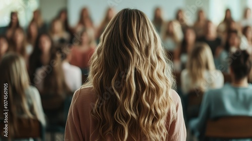 A woman stands with her back to the camera, facing a lecture room filled with attentive audience members, emphasizing educational engagement and sharing of knowledge. photo