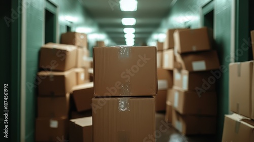 A corridor inundated with numerous large cardboard boxes stacked high, creating a cluttered look, likely representing a busy storage or moving scenario. photo