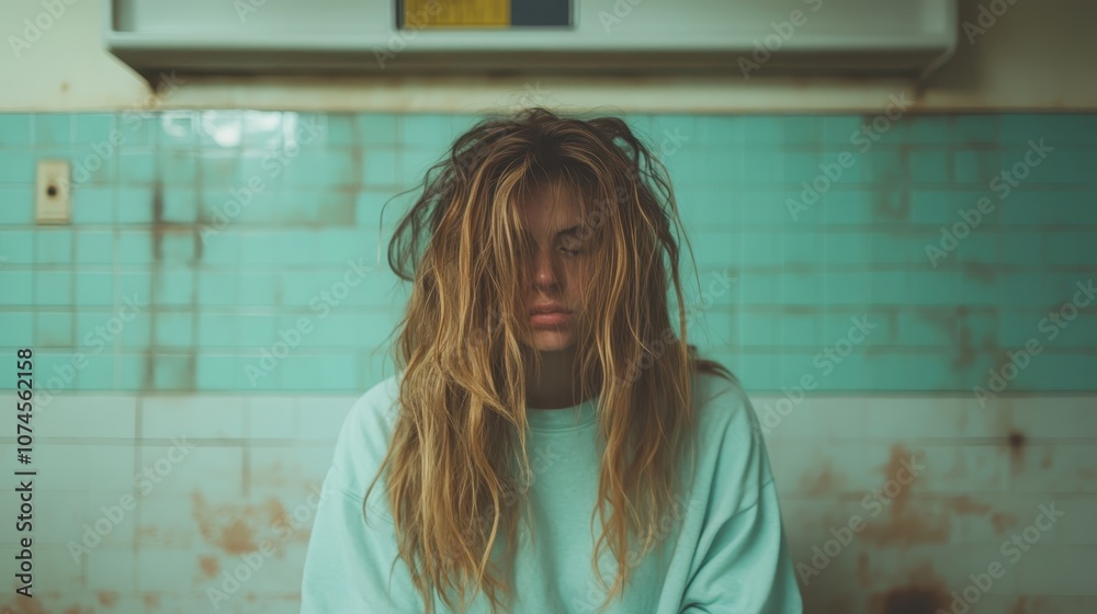 A tired woman wearing a green top sits in a worn-out, teal tiled room, with disheveled hair reflecting exhaustion and despair in an old, bleak environment. A tired woman wearing a green top sits in a worn-out, teal tiled room, with disheveled hair reflecting exhaustion and despair in an old, bleak environment.