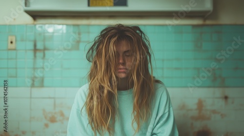 A tired woman wearing a green top sits in a worn-out, teal tiled room, with disheveled hair reflecting exhaustion and despair in an old, bleak environment. photo