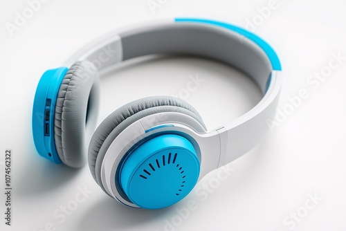 Blue and gray over- wireless headphones with a blue button on a white background, close-up view, high-resolution photography