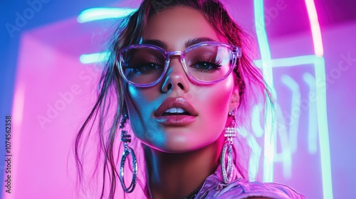 The woman, styled in trendy glasses, poses under vibrant neon lights creating a dynamic and stylish composition that exudes urban and modern sophistication.