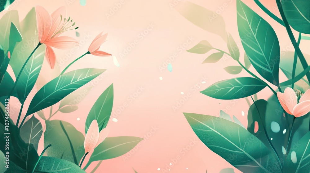 Tropical floral design with green leaves and pink flowers on a soft background Background with space for text Tropical floral design with green leaves and pink flowers on a soft background Background with space for text