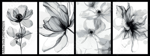 Four luxury transparent black and white flower close up posters set. Macro view. Menu floral wedding greeting card nature decorative invitation wall art design. Watercolor style vector illustration