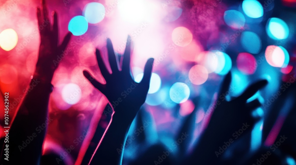 Silhouetted hands are raised in the air, bathed in colorful lights and smoke, representing exhilaration and unity at an energetic concert filled with music lovers. Silhouetted hands are raised in the air, bathed in colorful lights and smoke, representing exhilaration and unity at an energetic concert filled with music lovers.