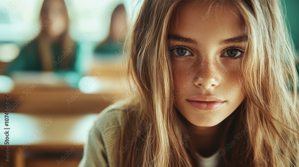 A young girl with freckles and long hair gazes intently, prominently placed in a classroom, capturing a moment of curiosity and engagement within a learning environment. A young girl with freckles and long hair gazes intently, prominently placed in a classroom, capturing a moment of curiosity and engagement within a learning environment.