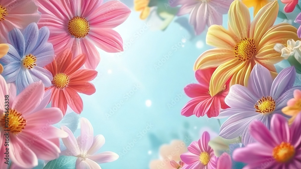 Vibrant spring flowers blooming on a sunny day with soft blue background Vibrant spring flowers blooming on a sunny day with soft blue background