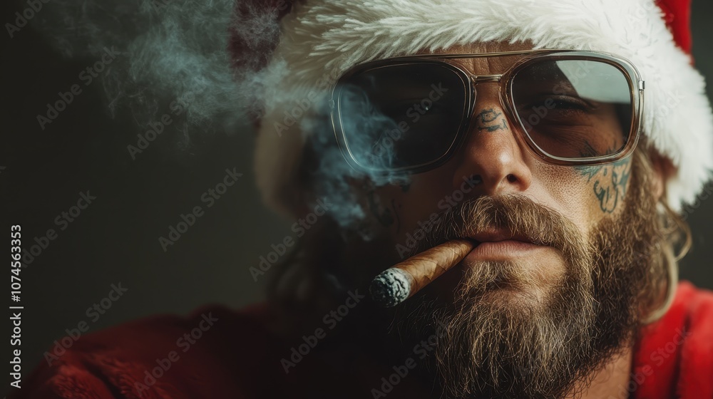 An edgy Santa wearing sunglasses and a Santa hat with visible tattoos smokes a cigar, his expression and style blending traditional and modern elements seamlessly. An edgy Santa wearing sunglasses and a Santa hat with visible tattoos smokes a cigar, his expression and style blending traditional and modern elements seamlessly.