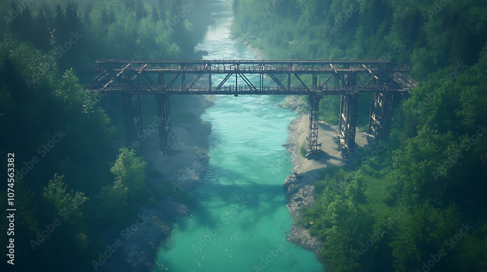 Fototapeta premium A peaceful river flows beneath a weathered wooden bridge, surrounded by lush green trees and a misty atmosphere.
