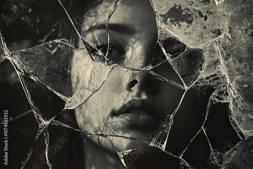 Black-and-white image of a woman’s face partially obscured by fractured glass pieces creating a mysterious fragmented appearance
