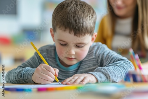 Wallpaper Mural A preschool child focused on completing a developmental task using a pencil on paper, enhancing fine motor skills and creativity Torontodigital.ca