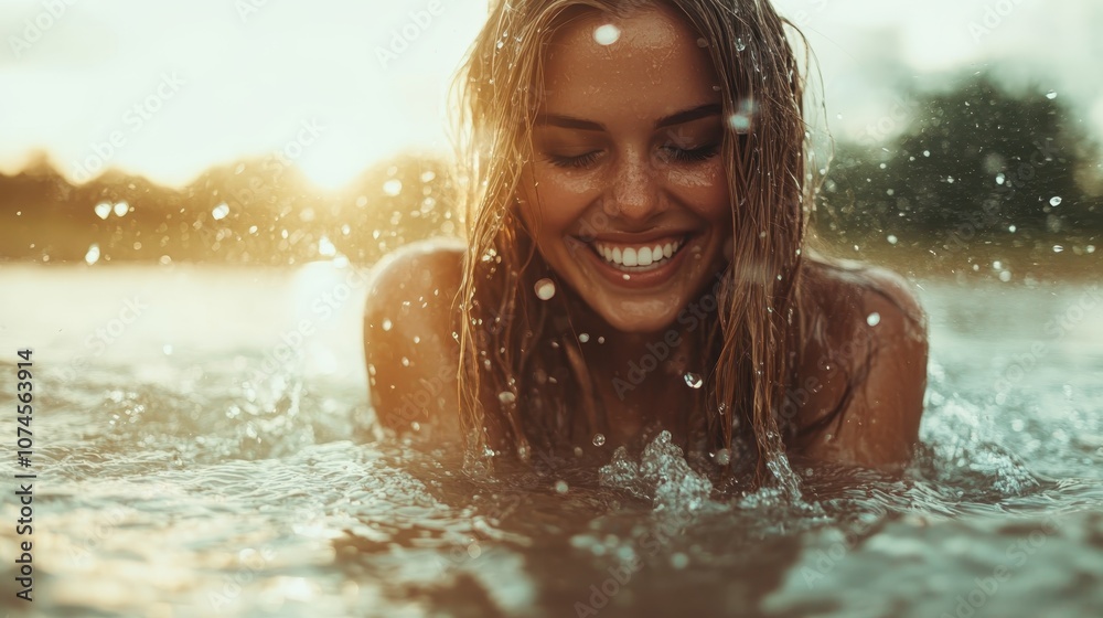 Obraz premium A happy woman is joyfully splashing in a sunlit body of water, enjoying the refreshing sensation and the golden hues of the sunset reflected on the water's surface.