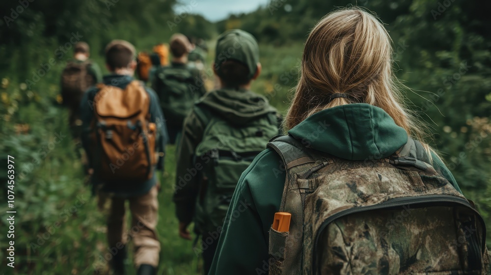 A group of backpackers proceed along a vibrant, lush green forest trail during summer, embodying exploration, adventure, and a deep connection with nature and wilderness. A group of backpackers proceed along a vibrant, lush green forest trail during summer, embodying exploration, adventure, and a deep connection with nature and wilderness.