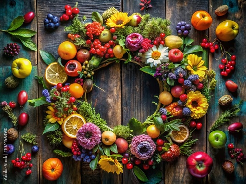 Vibrant and Colorful Floral Wreath Arrangement for Food Photography photo