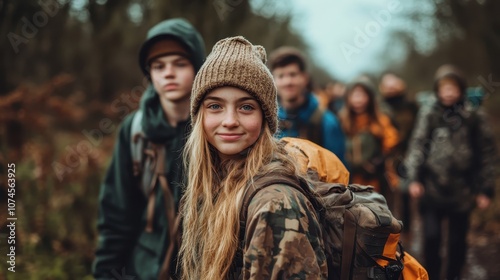 A girl, warmly dressed and wearing a beanie, leads a group of fellow hikers along a serene forest trail, embracing the adventure and nature surrounding them.