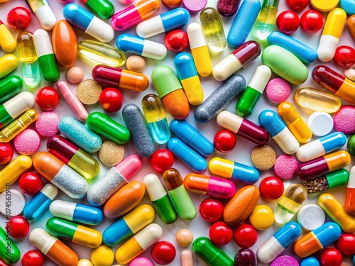 Vibrant and Colorful Pills Arranged on a White Background for Health and Wellness Themes in Stock Photography