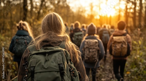 A group of hikers with varied backpacks are walking away from the camera, making their way through a sunlit forest path lined with tall, majestic trees.